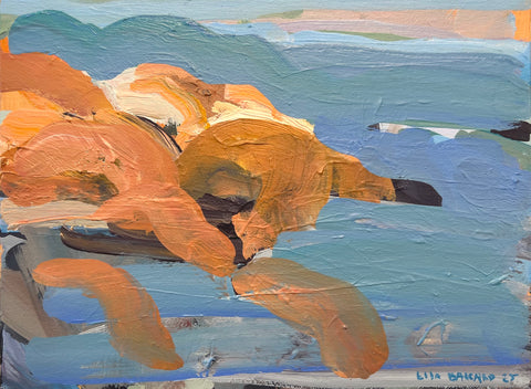 Lisa Ballard, Orange Rocks and Sea, painting, 24 x 18 x 2 cm