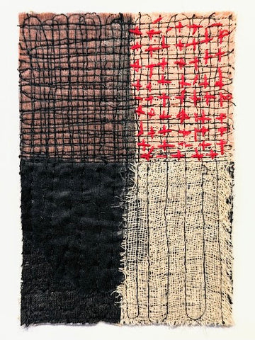 Patricia Kelly, Black Corner with Stitched Crosses and Madder, textile art, 10.5 x 15.5 cm (12.5 x 17.5 x 3 cm framed)