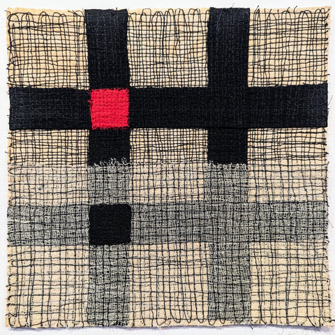 Patricia Kelly, Red Square Left, textile art, 20 x 20 cm (40.5 x 40.5 x 3.3 cm framed)
