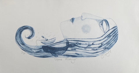 Judith Logan, Gone Fishing, work on paper, 41 x 22 cm (45 x 30 x 2 cm framed)