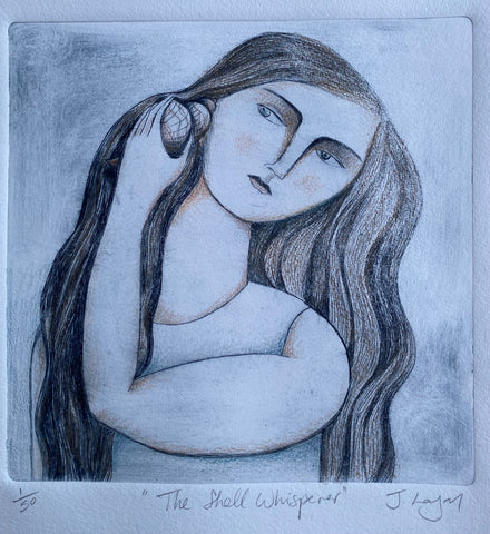 Judith Logan, The Shell Whisperer, work on paper, 25.5 x 28 cm (32.5 x 33.5 x 1.2 cm framed)