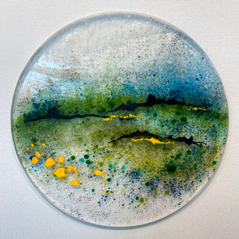Tracey McVerry, Whispers at Dawn II, glass art, 31 cm diameter, 50 x 50 x 3 cm framed