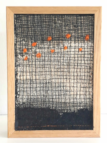 Patricia Kelly, Stitched Grid with Lines of Orange Dots, textile art, 10.5 x 15.5 cm (12.5 x 17.5 x 3 cm framed)