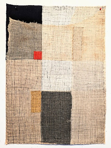 Patricia Kelly, Stitched Grid with Red Square Left, textile art, 64 x 90 cm (67.5 x 92 x  3.5 cm framed)