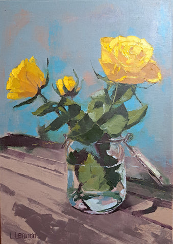 Louise Lennon, Yellow Roses, painting, 29.5 x 41.5 cm (34.5 x 44.5 x 3.5 framed)