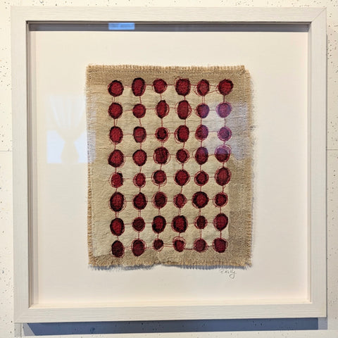 Patricia Kelly, Stitched Red Dots, textile art, 22 x 25 cm (40.5 x 40.5 x 3.3 cm framed)