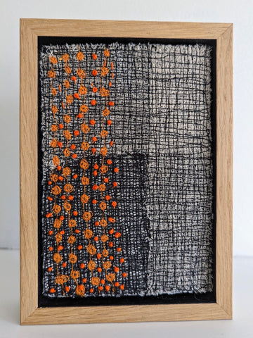Patricia Kelly, Orange French Knots on Stitched Grid, textile art, 10.5 x 15.5 cm (12.5 x 17.5 x 3 cm framed)