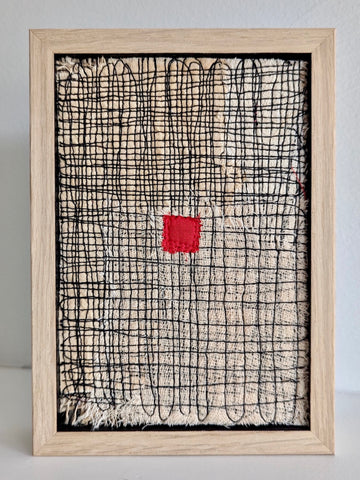 Patricia Kelly, Raked Hayfield with Red Square, textile art, 10.5 x 15.5 cm (12.5 x 17.5 x 3 cm framed)