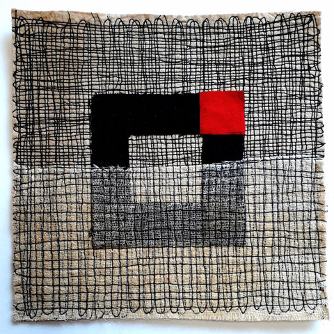 Patricia Kelly, Red Square Right textile art, 20 x 20 cm (40.5 x 40.5 x 3.3 cm framed)