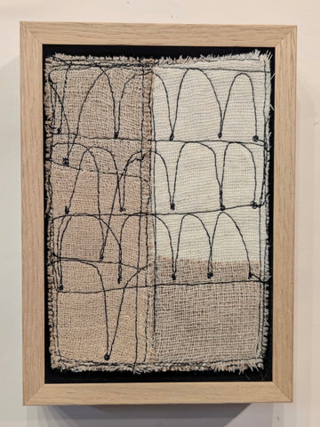 Patricia Kelly, Rows of Uplifting Lines with Hessian, textile art, 10.5 x 15.5 cm (12.5 x 17.5 x 3 cm framed) (Copy)