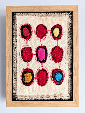 Patricia Kelly, Nine Bright Dots, textile art, 10.5 x 15.5 cm (12.5 x 17.5 x 3 cm framed)