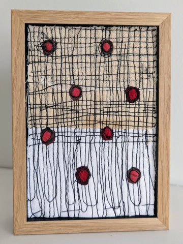 Patricia Kelly, Snagged Red Dots 2, textile art, 10.5 x 15.5 cm (12.5 x 17.5 x 3 cm framed)