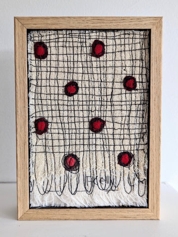 Patricia Kelly, Snagged Dots, textile art, 10.5 x 15.5 cm (12.5 x 17.5 x 3 cm framed)