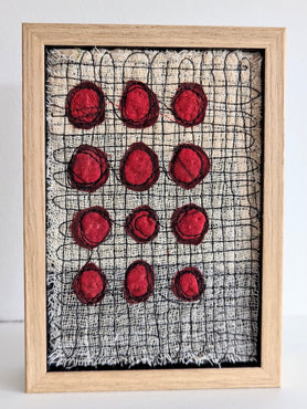 Patricia Kelly, Twelve Red Dots, textile art, 10.5 x 15.5 cm (12.5 x 17.5 x 3 cm framed)