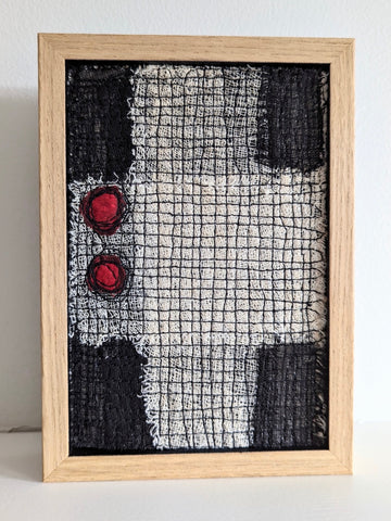 Patricia Kelly, Two Red Dots Left, textile art, 10.5 x 15.5 cm (12.5 x 17.5 x 3 cm framed)