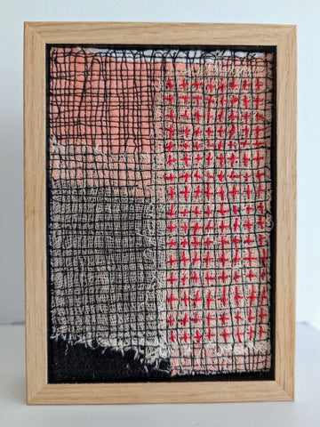 Patricia Kelly, Stitched Crosses and Madder Dye, textile art, 10.5 x 15.5 cm (12.5 x 17.5 x 3 cm framed)