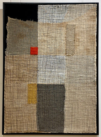 Patricia Kelly, Stitched Grid with Red Square Left, textile art, 64 x 90 cm (67.5 x 92 x  3 cm framed)