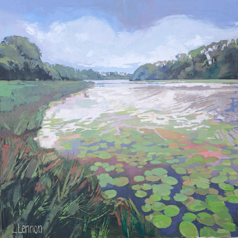 Louise Lennon, Broadwater Lilies, painting, 75 x 75 cm (78.5 x 78.5 x 4 cm framed)