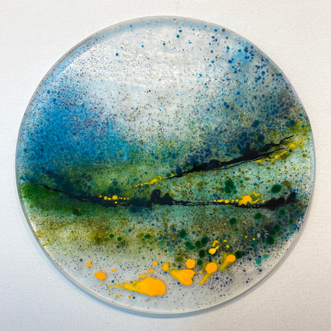 Tracey McVerry, Whispers at Dawn I, glass art, 31 cm diameter, 50 x 50 x 3 cm framed
