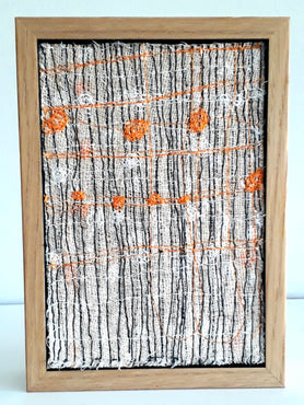 Patricia Kelly, White and Orange Dots with Black Vertical Lines, textile art, 10.5 x 15.5 cm (12.5 x 17.5 x 3 cm framed)