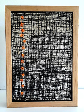 Patricia Kelly, Stitched Grid with Vertical Line of Orange Dots, textile art, 10.5 x 15.5 cm (12.5 x 17.5 x 3 cm framed)