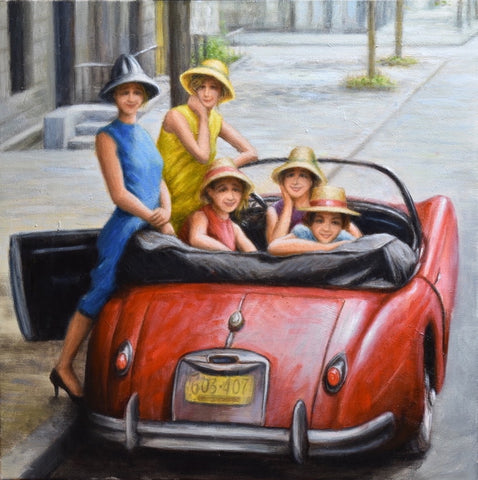 Joel Simon, Day-trippers, painting, 50 x 50 cm (53 x 53 x 5.5 framed)