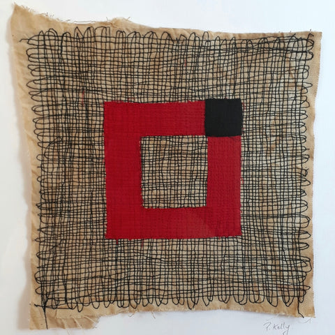 Patricia Kelly, Black Corner in Red Square, textile art, 20 x 20 cm (40.5 x 40.5 x 3.3 cm framed)